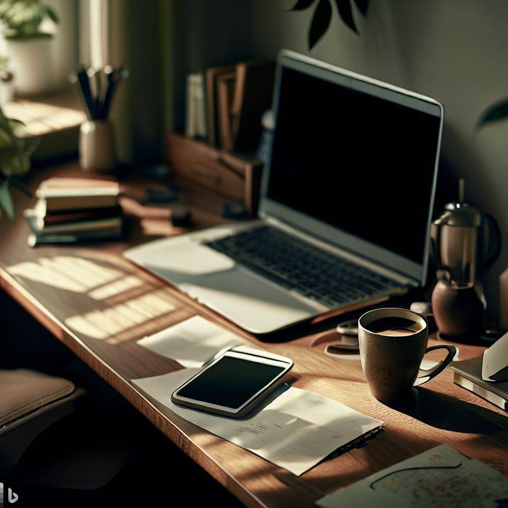 ai generated image with prompt: home office, desk, laptop, coffee, midday, tilted frame, natural colors, high-resolution textures, ultra-detailed, photorealistic, 8k, long shot