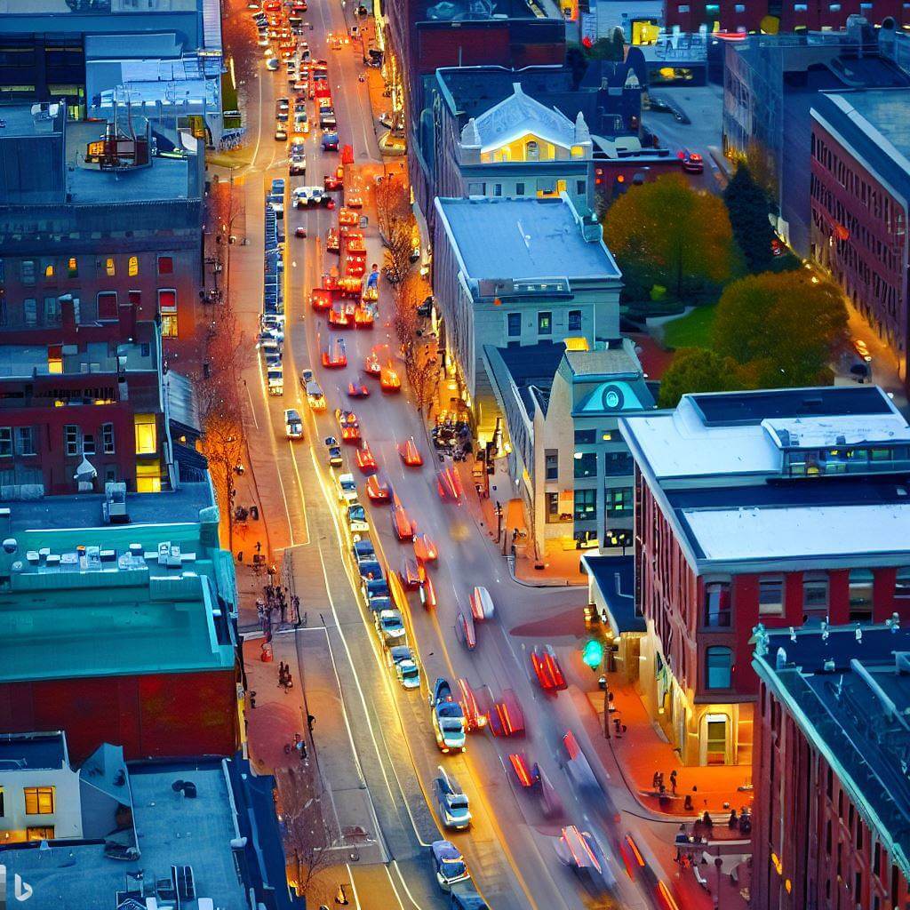 ai image generated with prompt downtown manchester new hampshire busy with traffic, tilted frame, evening, natural colors, high-resolution textures, ultra detailed, photorealistic, 8k, extreme long shot, overhead view