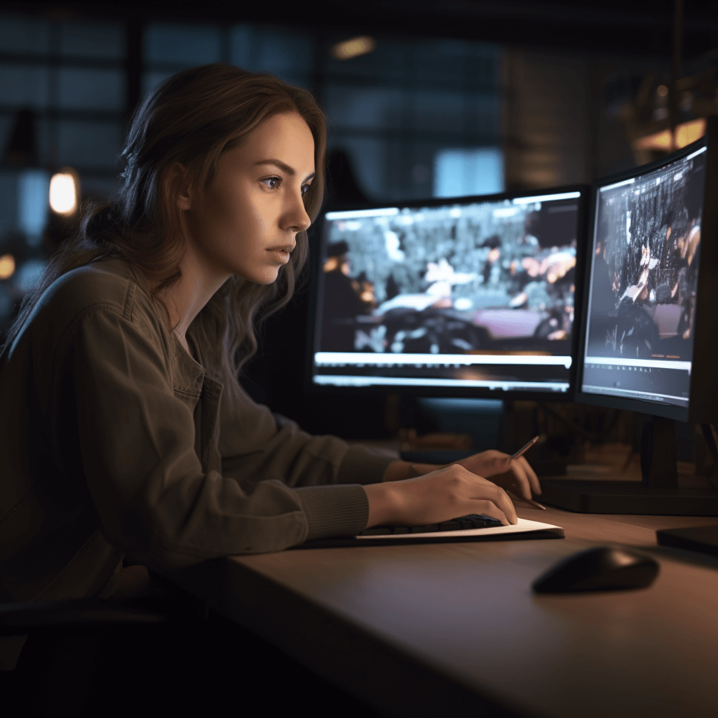 ai generated image with prompt: "female in 30s, working at desk, over the shoulder, tilted frame, natural colors, high-resolution textures, ultra-detailed, photorealistic, cinematic, megapixel cinematic lighting, anti-aliasing, SFX, VFX, CGI, RTX, SSAO, FKAA, TXAA, HDR, 8k, midday, --quality 2 --style raw"