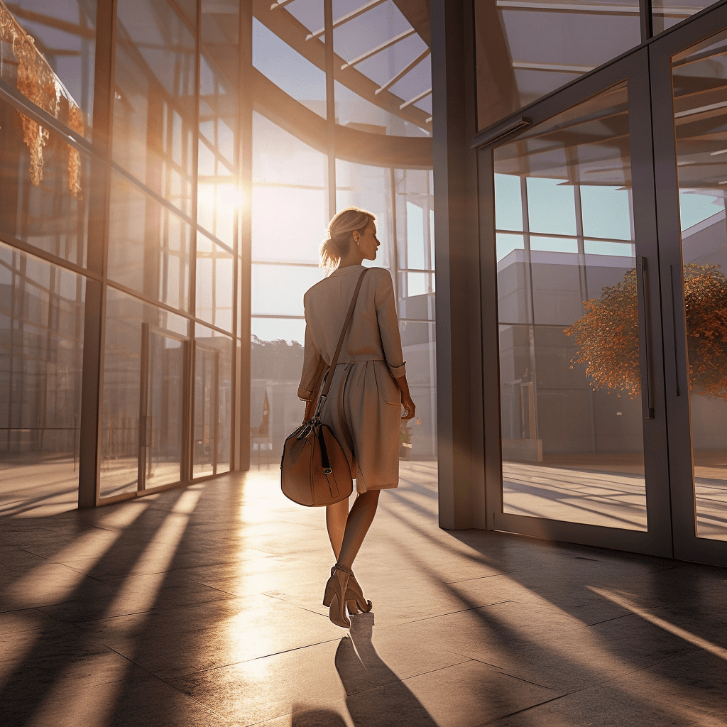 ai generated image with prompt: "female in 40s, walking out of office building with bag, happy, over the shoulder, tilted frame, extreme long shot, natural colors, high-resolution textures, ultra-detailed, photorealistic, cinematic, megapixel cinematic lighting, anti-aliasing, SFX, VFX, CGI, RTX, SSAO, FKAA, TXAA, HDR, 8k, midday, --quality 2 --style raw"