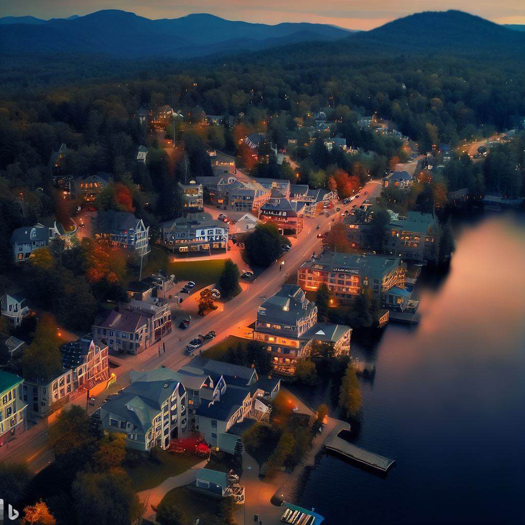 image generated with ai with prompt laconia new hampshire, tilted frame, evening, natural colors, high-res textures, 8k, long shot, overhead view