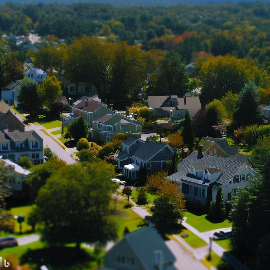 ai generated image with prompt: suburban New Hampshire, midday, tilted frame, natural colors, high-resolution textures, ultra-detailed, photorealistic, 8k