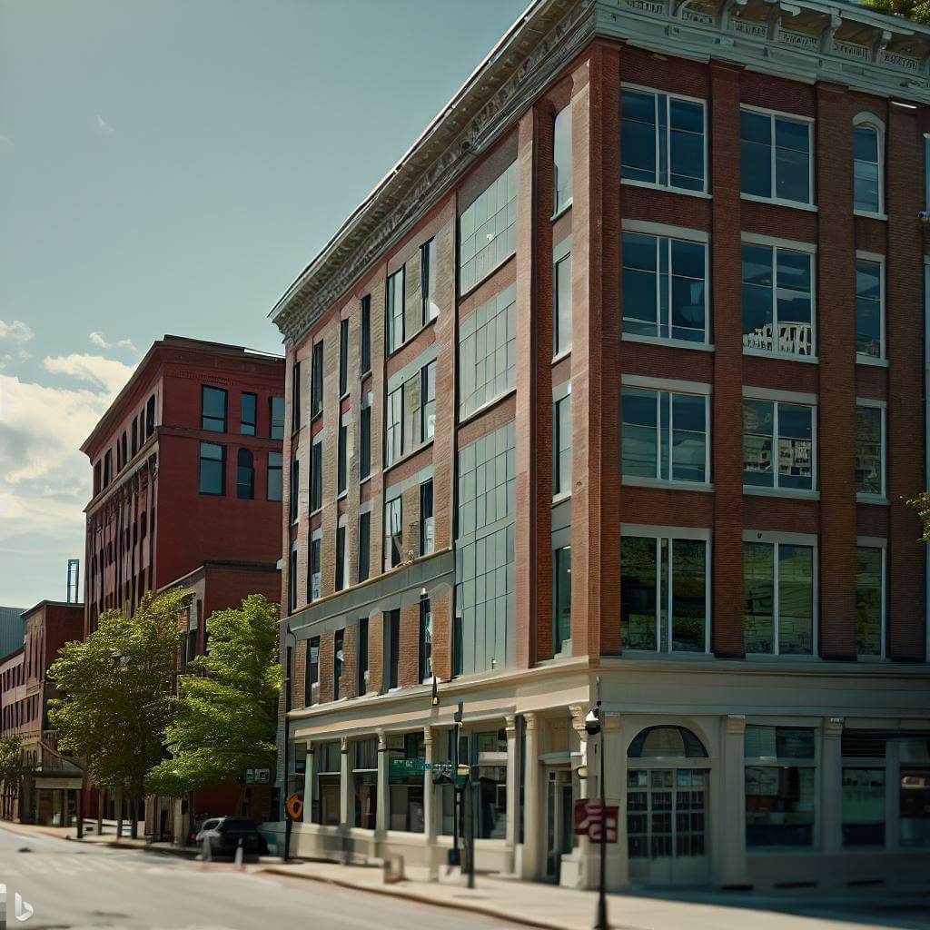 ai generated image with prompt office buildings in new hampshire, street view, tilted frame, midday, ultra-detailed, photorealistic, 8k
