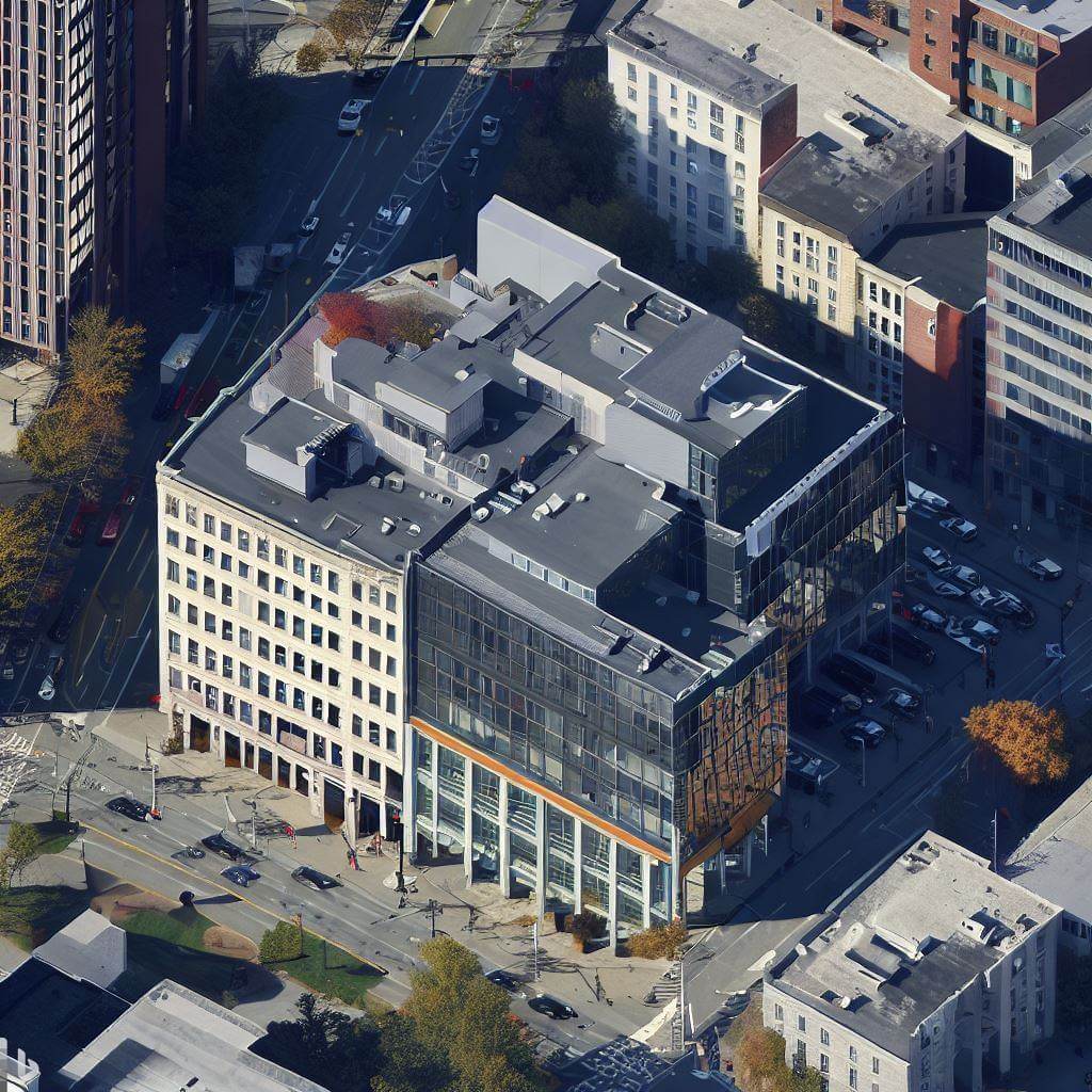 ai generated image with prompt: office buildings in new hampshire, tilted frame, midday, natural colors, high-res textures, ultra-detailed, photorealistic, 8k, overhead view