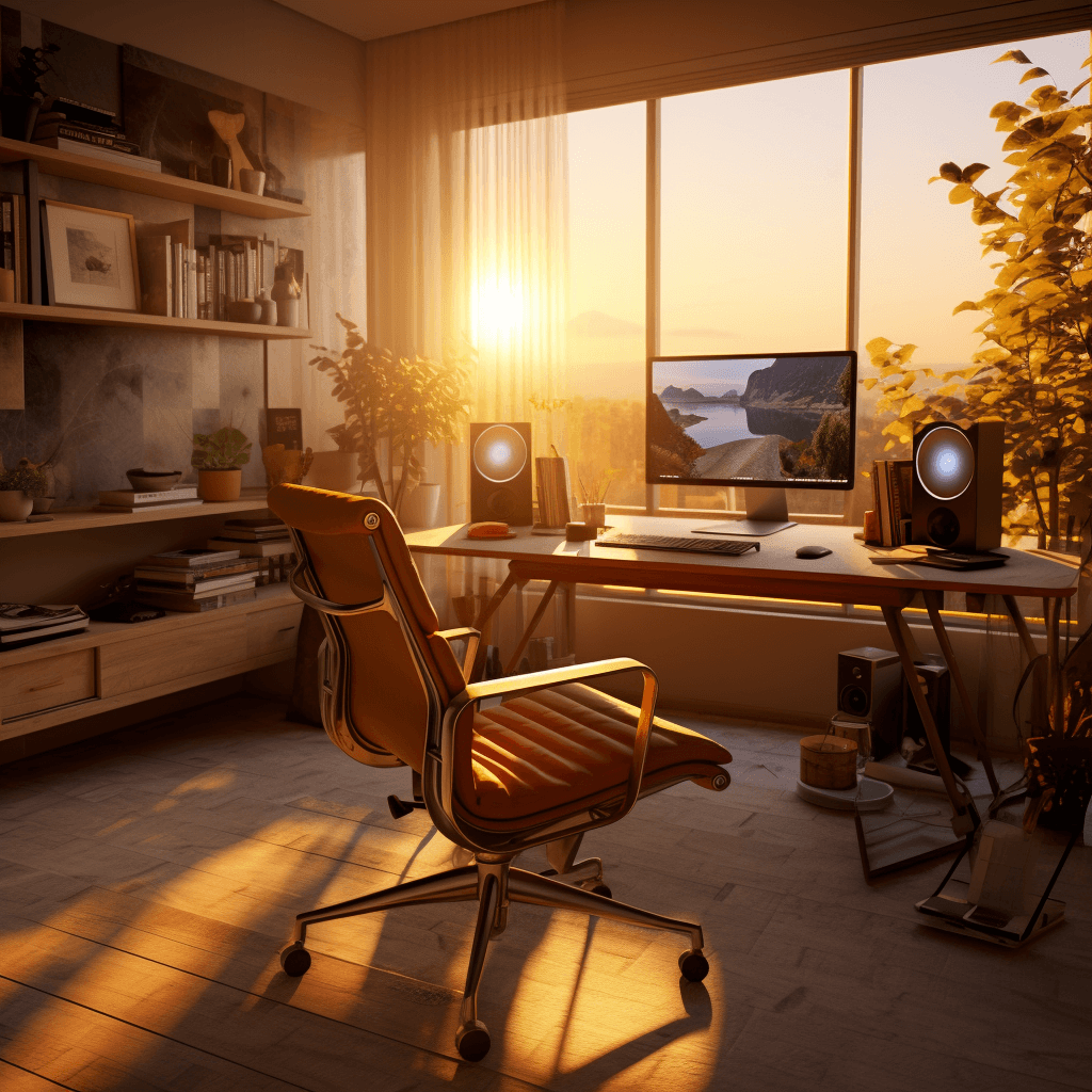 ai generated image with prompt 'home office, tilted frame, natural colors, high-resolution textures, ultra-detailed, photorealistic, cinematic, megapixel cinematic lighting, anti-aliasing, SFX, VFX, CGI, RTX, SSAO, FKAA, TXAA, HDR, 8k, midday, --quality 2 --style raw'